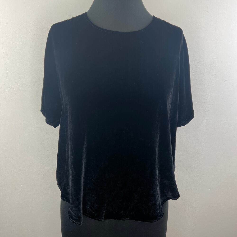 MADEWELL Black Velvet Tulip-Hem Top Silk Blend Relaxed Fit Draped Short Sleeve S
